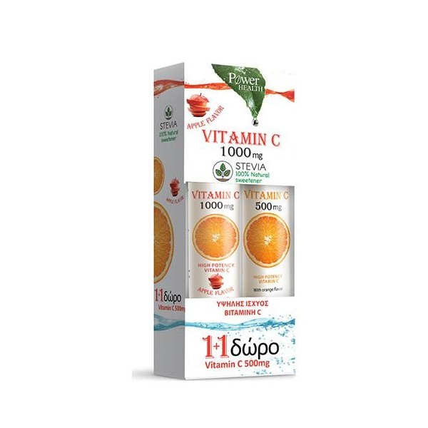 Power Health Vitamin C 1000mg with Stevia Apple Flavor 24 Effervescent Tabs + Vitamin C 500mg Orange 20 Effervescent Tabs 1 + 1 FREE