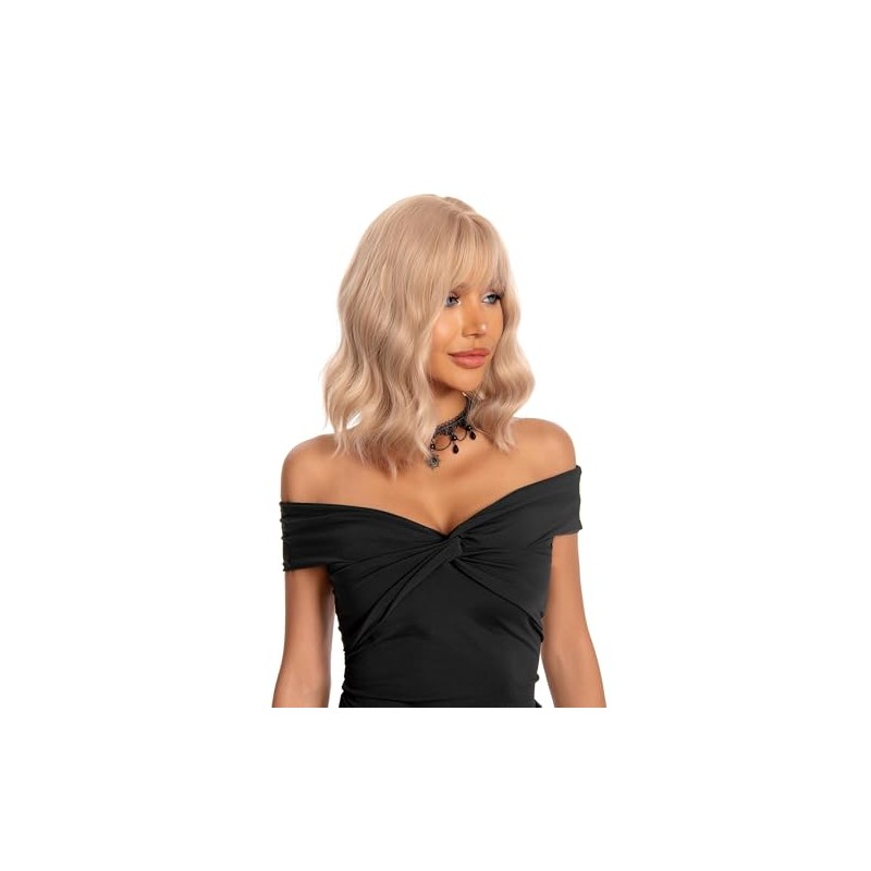 Pelucas para Mujer de Pelo Corto ondulado con Flequillo(12’’/30cm, Oro)