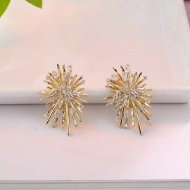 2Pcs Women's Firework-Shaped Stud Earrings 14K Gold Plated Zircon Fashionable Simple Luxurious Suitable for Banquets & PartiesSize: One Size, Color: Golden white zirconium