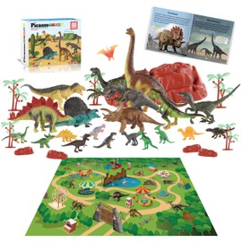 PicassoTiles Dinosaur Play Mat Toys 32pc Dino Playset STEM Activity Learning Kit STEAM Toy with Educational Book, 21 Action Figures T-Rex, Triceratops, Velociraptor, Trees, Rocks for Kids 3+ PTD11