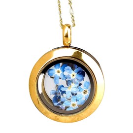 Locket with Real Forget-Me-Not Flowers Including Chain 50 cm 925/18 Carat Gold-Plated