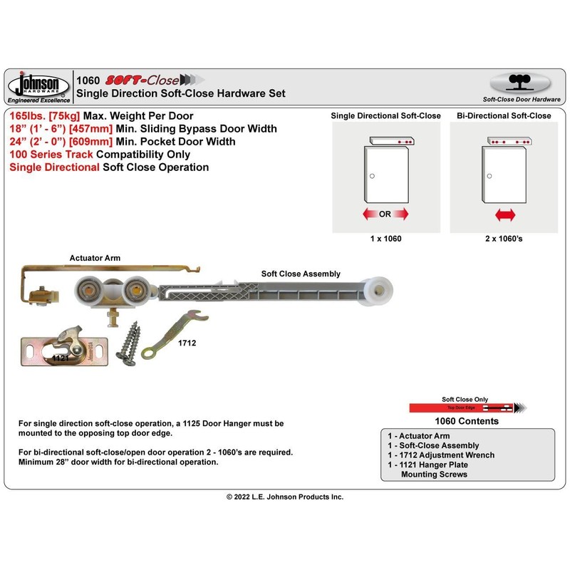 Johnson Hardware 1060 Soft Close Hanger - USA Made, ,