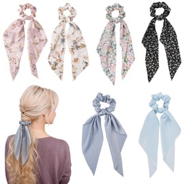 besbomig 6Pcs Satin Bowknot Hair Scrunchies Chiffon Floral Hair Band Elastic Hairbands Hair Scarf Nylon Ponytail Holder Hair Accessories for Women Girls