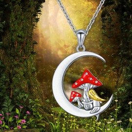 FLYOW Moon Necklace for Women 925 Sterling Silver Mushroom Necklaces Birthday Gifts