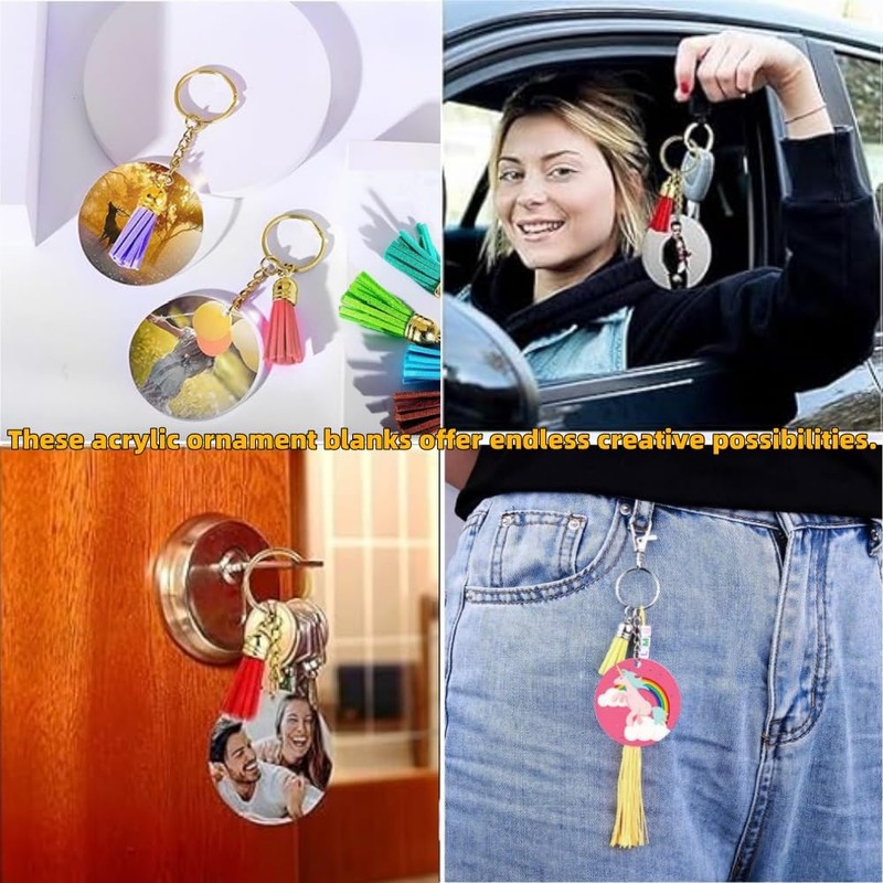 120Piece Acrylic Blank KeychainFringe Set, Round Transparent Keychain with Chain