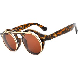 Flip Up Steampunk Vintage Retro Round Circle Gothic Hippie Colored Plastic Frame Sunglasses Brown Lens OWL