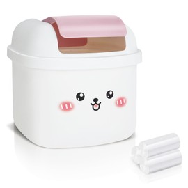WCHOSOZH Cute Small Trash Can, Mini Desktop Trash Bin with 90 Pcs Garbage Bags, Kawaii Animal Shaped Garbage Can with Flip Lid, Plastic Desk Accessories for Bedroom, Bathroom, Office (White)