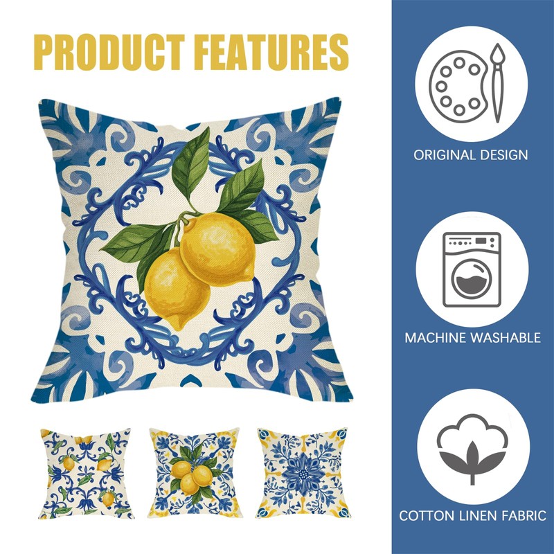Fahrendom Blue Lemon Italy Tile Pattern Decorative Throw Pillow Covers