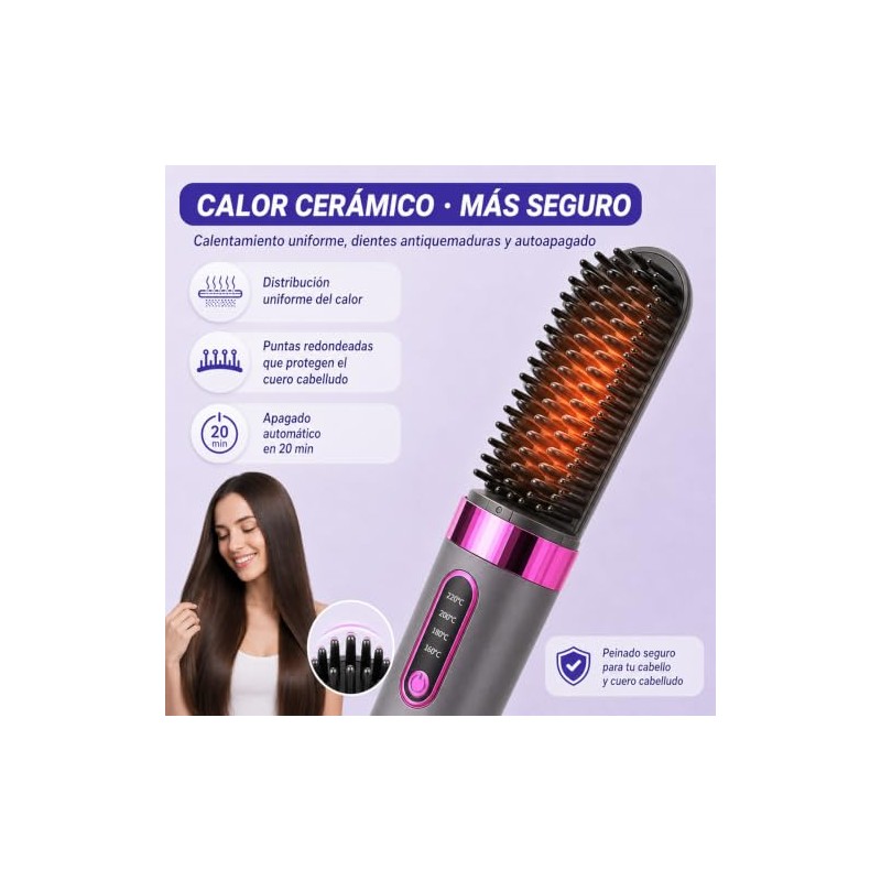 Cepillo Alisador de Cabello Inalámbrico, 4 Temperaturas y Pantalla LCD