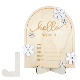 Nogeqi Milestone Cards Baby Wooden Sign Hello World Baby Wooden Sign with White Daisy Hello World Welcome Sign for Newborns, Flowers Wooden Birth Display for Pregnant Parents