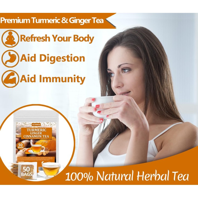 50 Premium Turmeric, Ginger, Cinnamon Blend Tea Bags, 100% Natural