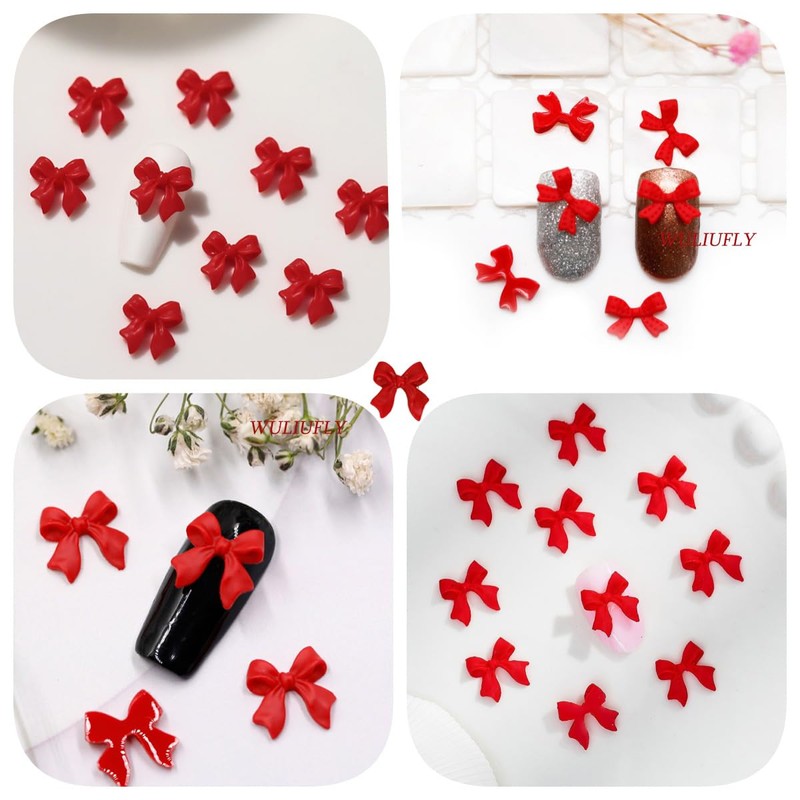 100Pcs Valentines Bow Nail Charms, 3D Red Bow Ribbon Valentine