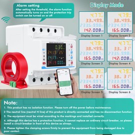 4P 3 Phase WiFi Smart Energy Power Meter with Color LCD Display, 100A Over Under Voltage Protector Transformer Support APP to Control Din 35mm