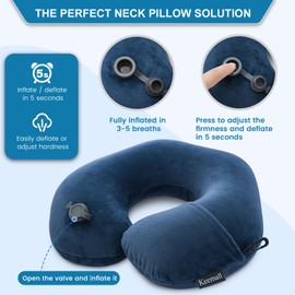 Keemall Travel Neck Pillow for Airplane, Compact Inflatable Neck Pillow for Traveling Long Flights, Adjust Firmness Neck Suport Pillow for Sleeping Plane Head Rest for Travel Accessories,Deep Blue