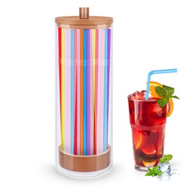 JYPS Straw Holder Dispenser for Standard Size Drinking Straw, Acrylic Straw Organizer for Counter with 100 Colorful Straws, Wooden Straw Dispenser for Pencils,Kitchen, Classroom(Light brown, 10 in)