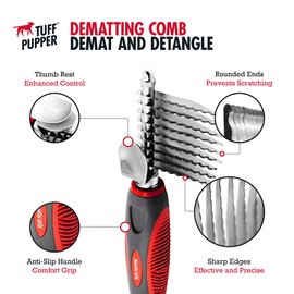 Tuff Pupper Detangling Comb For Dogs & Cats – Our Dematting Tool For Dogs Easily & Safely Remove Dead, Matted Or Knotted Hair | Ergonomic, No-Slip Safety Handle Provides Precision Control And Leverage Against The Toughest Knots
