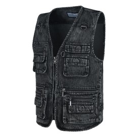 Men's Zipper Multi Pockets Casual Vest Outdoor Travel Fishing Hunting Photo Utility Work Cargo Vests Denim Black