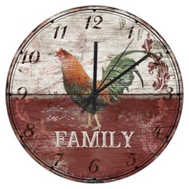 15'' Silent Non-Ticking Wall Clocks Battery Operated Farmhouse Rooster Animal Family Wall Decor for Patio Cockerel Chicken Paintings Farm Decorative Round Wooden Wall Clock Vintage for Indoor Nursery