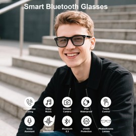 HAIXINDA Smart Glasses for Men Women, Auto Power On/Off, Hands-Free Calls, Open Ear Design Speakers & Mic, Photochromic Lenses, Anti-Blue Light Glasses, Bluetooth Glasses for Indoor Outdoor(Black)