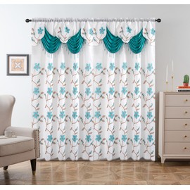 Petrichor Embroidered Sheer Curtain 2 Panels Set - Luxury Window Curtain Attached Valance with Satin Backing and 2 Tie Backs for Living Room,Dining Room, 54x63 inches, Turquoise