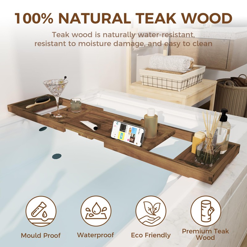 Teak Bathtub Tray - Luxury Bath Tray with Expandable Handles,