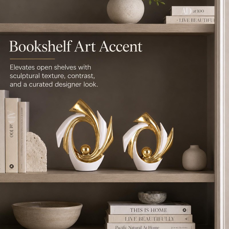 White and Gold Abstract Ceramic Sculpture Set of 2, Modern