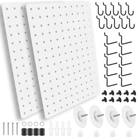 Steel Pegboard and Hooks - 22pcs Peg Board Panels Organizer 1/4" Holes 14"x10" with J L Hooks - Kitchen Bathroom Craft Office Garage Tool Display Organization Drill/Adhesive Mounting (White)