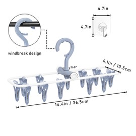 Clothes Drying Hanger with 12 Clips, 2 Pack Folding Portable Hanging Drying Rack,Drip Foldable Hanging Rack, 360° Rotatable Hook for Drying Towels Bras Baby Clothes Gloves Plastic(Blue&Purple)