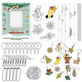 Warckon 146Pcs Christmas Shrink Plastic Kit Include 6Pcs Traceable Christmas Shrinky Plastic Paper and 15Pcs Blank Shrinky Plastic Sheets and 125 Keychains Accessories, for Kids Creative Craft