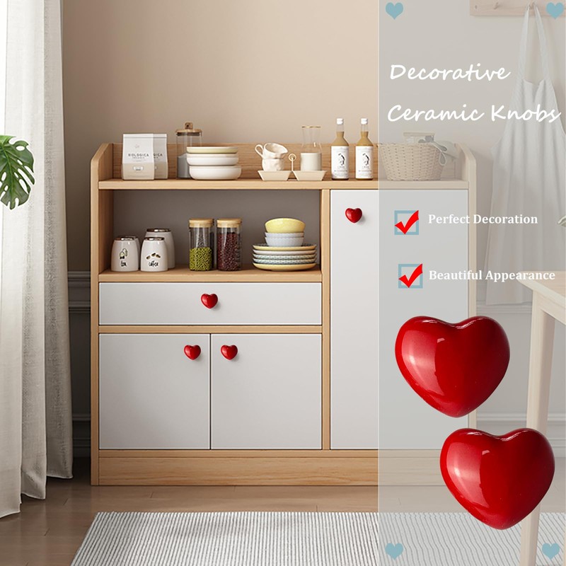 M MIMHOOY 8 Pack Red Heart Shaped Ceramic Cabinet Knobs,