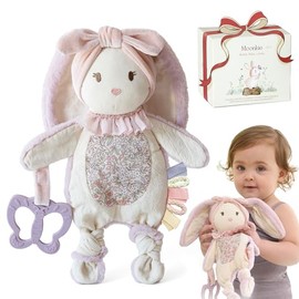 Moonkie Baby Lovey with Silicone Teether, Bunny Security Blanket with Textured Ribbons, Crinkle Toys, Soft Minky Velour & Natural Cotton, Newborn Girl