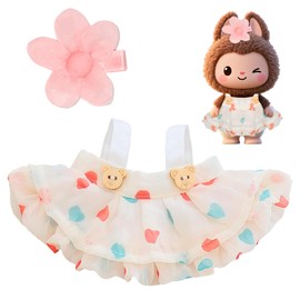 17 cm Doll Clothes Compatible with Labu 17cm Doll, 2 Piece Set Sweet Love Heart Print Dress and Pink Flower Hair Clip, Doll Clothing Accessories Set Replacement Beige, NO Doll