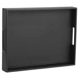 HofferRuffer Rectangle Serving Tray with Hole Handles for Coffee Table, Breakfast, Tea, Food, Butler - Countertop, Kitchen, Vanity Serve Tray, 16.2 x 12.2 x 2 inches, Faux Leather Tray (Black)