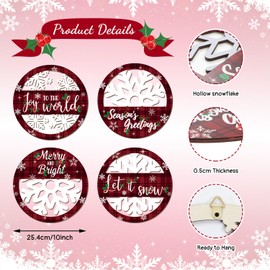 HOURIA 4Pcs Wooden Merry Christmas Wall Art,10" Let It Snow Winter Wall Decor,Snowflake Red Buffalo Plaid Christmas Wall Decorations Indoor Outdoor,Xmas Holiday Sign For Home Apartment Office Party