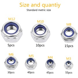 YIYICO Self-Locking Nuts Assortment Hex Nuts Locking Nuts 200 Pieces M3 M4 M5 M6 M8 M10 M12 Lock Nuts Stainless Steel Nut Set