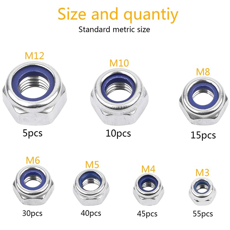 YIYICO Self-Locking Nuts Assortment Hex Nuts Locking Nuts 200 Pieces