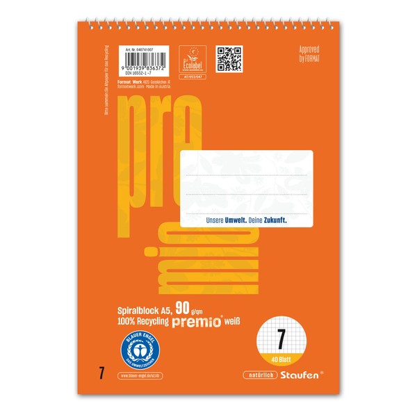 Staufen premio Spiral Notepad - 5 College Pads 40 Sheets