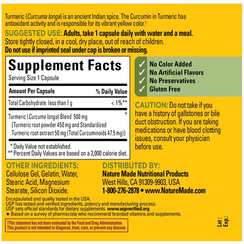Nature Made Turmeric Curcumin 500 mg, Herbal Supplement for Antioxidant