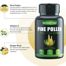 QIN SHAN TANG Pine Pollen Supplement wtih Ginger Root and Vitamin C, 99% Cracked Cell Wall,120 Veggie Capsules，Focus＆Immune Improve for Women and Men