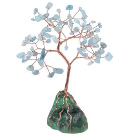 Nupuyai Aquamarine Crystal Money Tree with Raw Fluorite Stone Base, Fengshui Crystals Figurine Healing Stone Spiritual Tree Ornament for Home Office Decor
