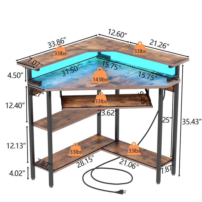 Triangle Corner Desk with Charging Station and LED Light for