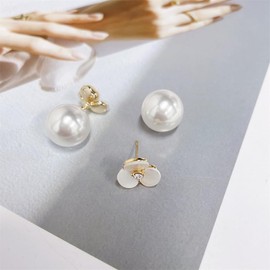 Dainty Double-sided Shell Flower CZ Pearl Earrings for Women Fashion Round Pearl Front Back Stud Earring Wedding Birthday Jewelry Gifts Her