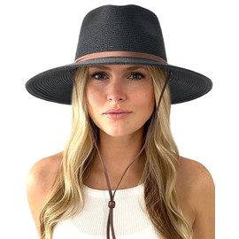 FURTALK Womens Summer Straw Sun Hats Wide Brim Panama Fedora Beach Hat with Wind Lanyard UPF 50+ Black