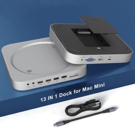 13 in 1 Mac Mini Dock with Hard Drive Enclosure + HDMI + VGA, USB-C Docking Station & Stand for Mac Mini M1 with SSD/HDD Slot, HDMI, VGA, 2 x USB 3.0, 2 x USB 2.0, TF/SD, Video/Audio Jack for Mac Mini
