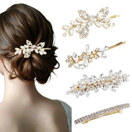 4 Pcs Rhinestone Gold Pearl Leaf Wedding Hair Clips Suitable for Weddings Parties Daily Wear
