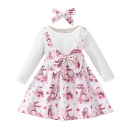 Verve Jelly Toddler Baby Girl My First Easter Day Outfit Long Sleeve Rabbit Print Skirt Princess Party Dress Summer Clothing Set with Headband, Pink (pink long-sleeved)