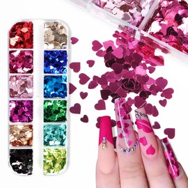 12 Grids Valentine's Day Nail Art Glitter Sequins 3D Holographic Colorful Heart Nail Glitter Flakes Romantic Nail Sequins Valentines Day Nail Decorations for Women Girls DIY Nail Supplies Accessories