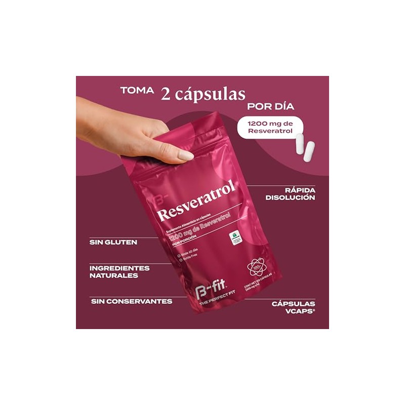 B-FIT Resveratrol 1200mg, Suplemento en Cápsulas, 120 Cáps, Sin Gluten