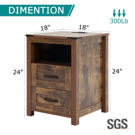 Rustic Wood End Table,Brown nightstand with Charging Station,Side Table with 2 Drawers Storage Cabinet for Bedroom, Living Room, Farmhouse Design (1,Brown)