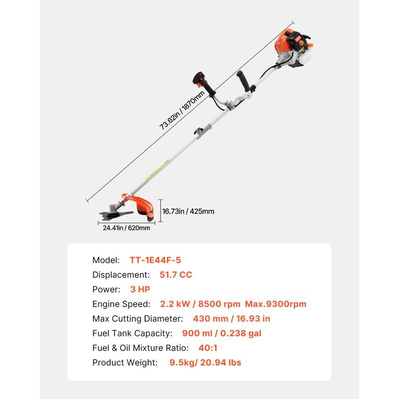 VEVOR String Trimmer, 51.7CC 2-Stroke, Gas Powered Weed Wacker, 16.9"